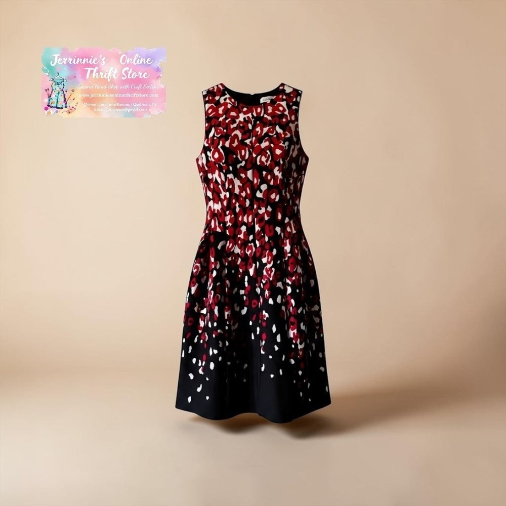 Calvin Klein Red Black White Abstract Animal Print Fit & Flare Scuba Dress 6